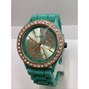 Geneva Womens Turquoise Tone Rhinestone Rubber Band Fashion Watch New Battery!